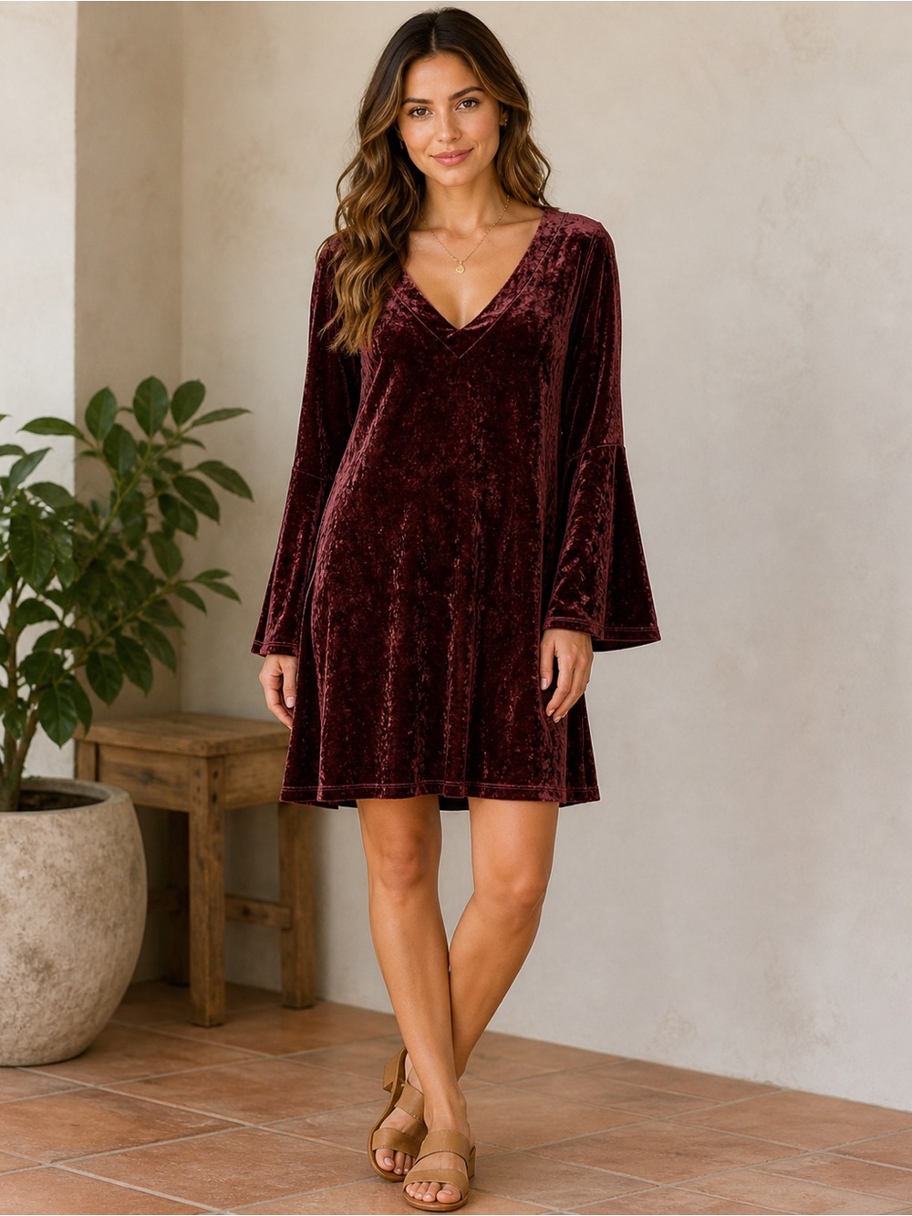 a.n.a Velvet Long Sleeve Dress in Deep Burgundy Large